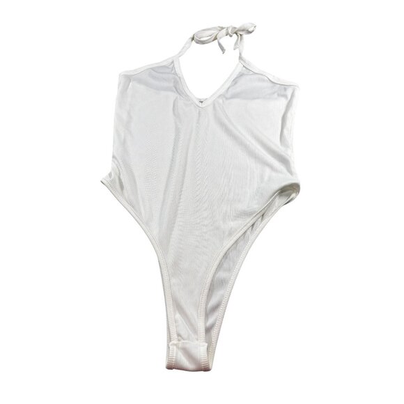 White Ribbed Halter Neck Bodysuit By Blushmark Size L - Picture 8 of 12